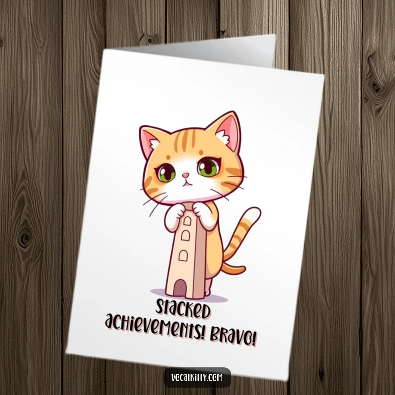 Funny Free Printable Congratulations Card: A cat with intense focus balances a tall, tiny tower perfectly.