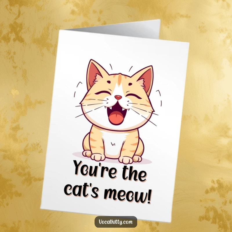 Funny Free Printable Congratulations Card: Cat vocalizing with an open mouth and emanating sound waves.