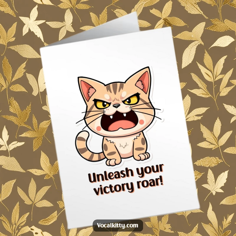 Funny Free Printable Congrats Card: Cat character with a determined expression poised to let out a huge, funny sound.