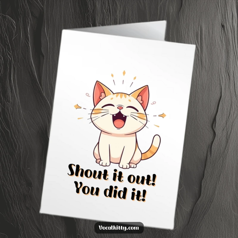 Funny Free Printable Congratulations Card: A cat with amplified sound waves bursting from its mouth, celebrating your achievement with a mighty roar.