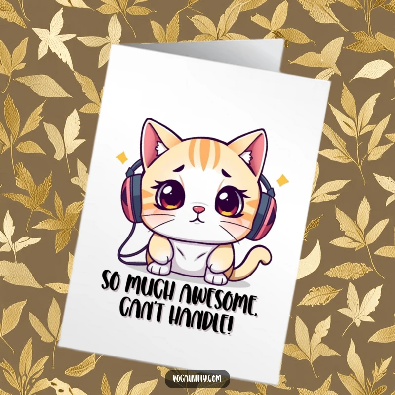 Funny Free Printable Congratulations Card: A cat overwhelmed by speakers on its head reflects the intensity of celebration.