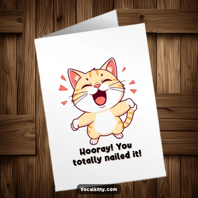 Funny Free Printable Congratulations Card: A cat with exaggerated expressions and dynamic motion, joyfully shouting congratulations for your win.