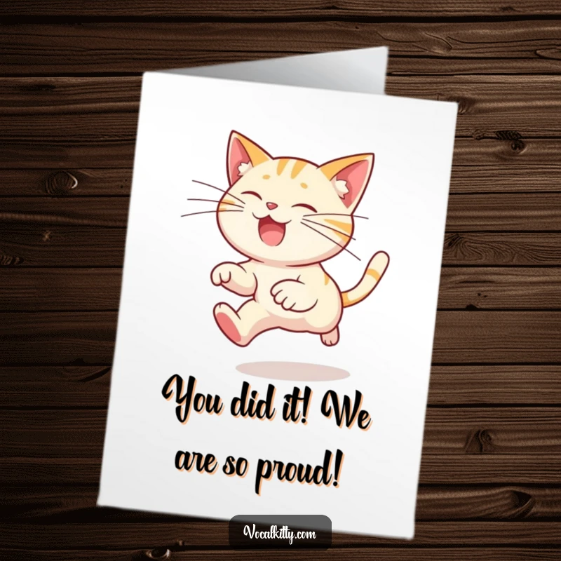 Funny Free Printable Congratulations Card with a leaping cat character sporting extremely long whiskers, celebrating success with energy.
