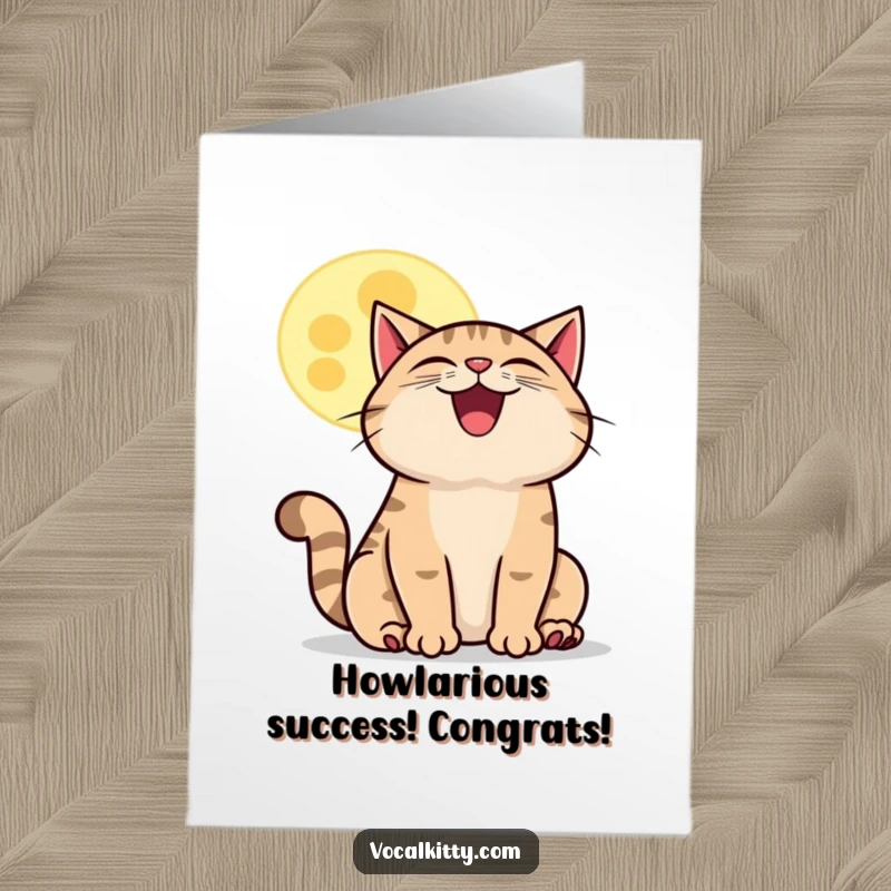 Funny Free Printable Congratulations Card: A happy cat howling at a cartoon moon, signifying a huge, shared joy.