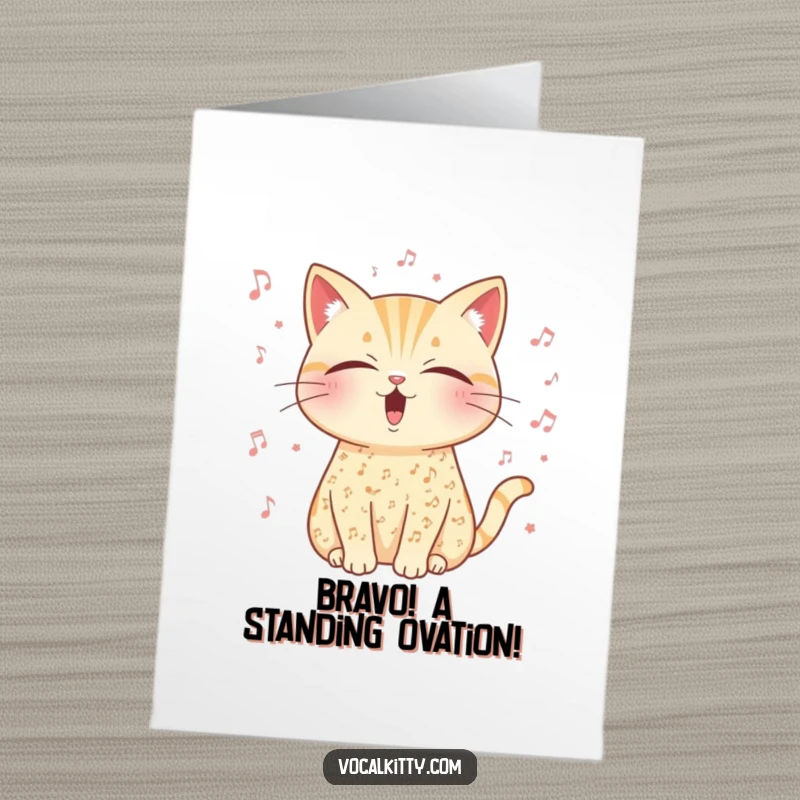 Funny Free Printable Congratulations Card: A cat enveloped in musical notes, eyes shut in song, signifying a triumphant and harmonious success.