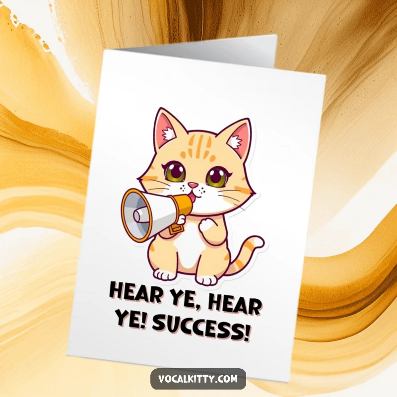 Funny Free Printable Congratulations Card: A determined cat using a megaphone to loudly proclaim congratulations, emphasizing a momentous occasion.