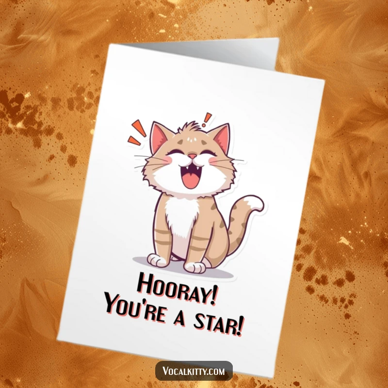 Funny Free Printable Congratulations Card: A cat whose fur is standing on end, letting out a huge, cartoonish ROAR! of excitement.