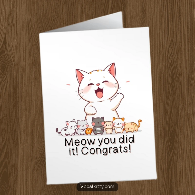 Funny free printable congratulations card: A cat meowing loudly, causing a funny commotion and startling a row of small, flustered animals.