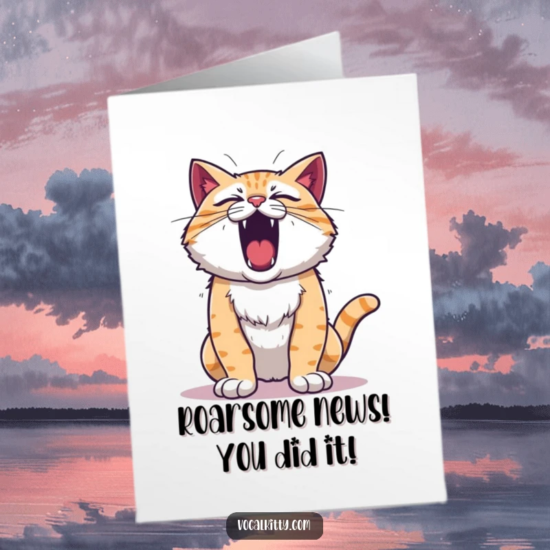 Funny Free Printable Congratulations Card: A cat letting out a huge roar, chest puffed, symbolizing a grand congratulatory announcement.