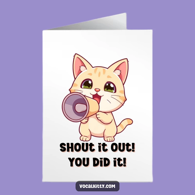 Free Printable Congrats Card: Tiny Excited Cat Megaphone for Your Next Big Win