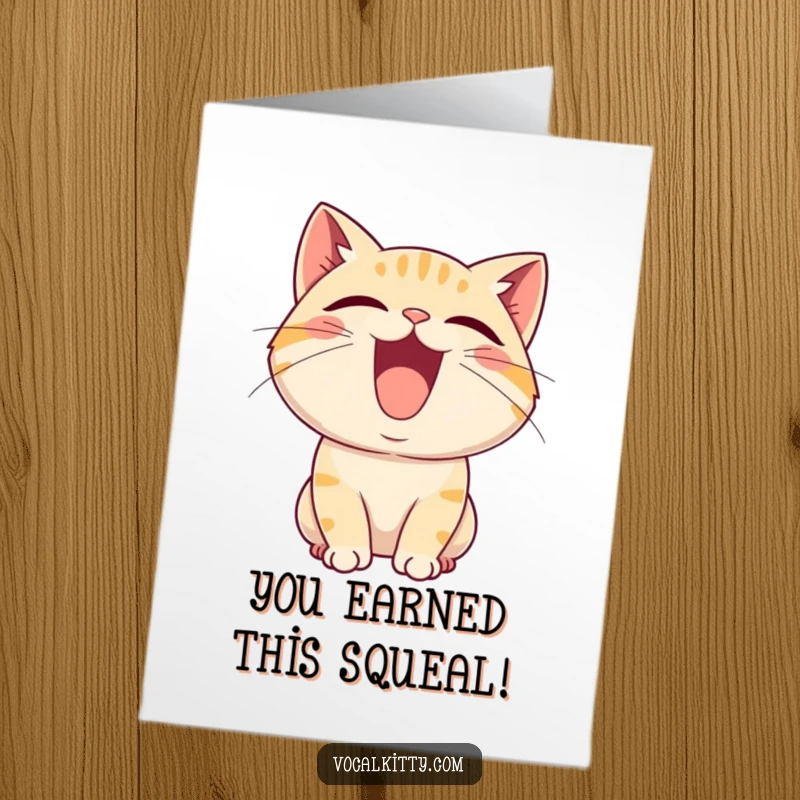 Free Printable Congratulations Card: A cat with mouth wide open, emitting a joyful squeal, a fun digital download for celebrations.