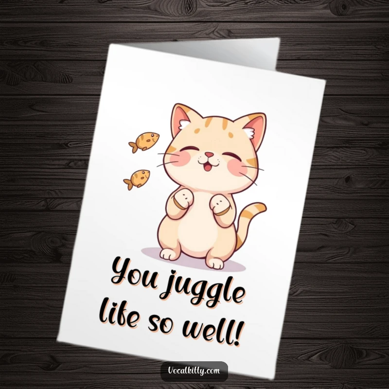 Funny Free Printable Congratulations Card showing a skilled cat juggling three tiny fish with its paws, celebrating any achievement.