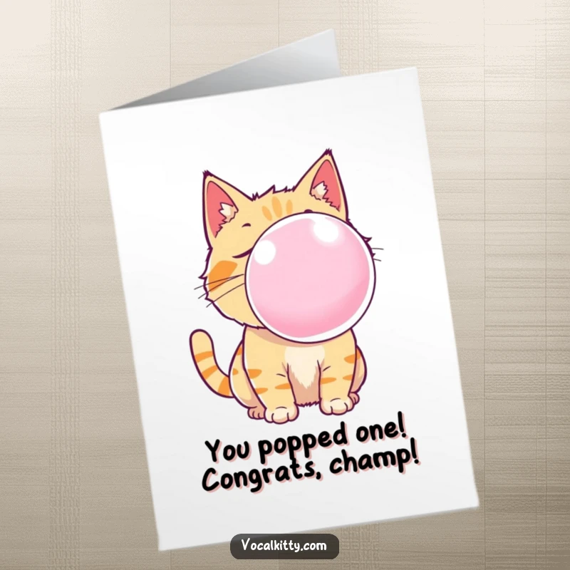 Funny free printable congratulations card: A happy cat blowing an enormous, glistening bubble gum bubble, signifying a huge success.
