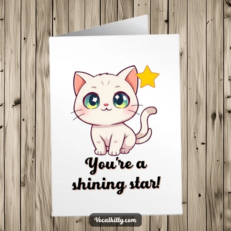 Funny Free Printable Congratulations Card: A cat with sparkling eyes enthusiastically chases a shimmering star in celebration.