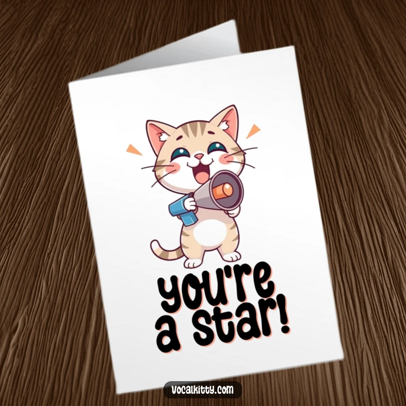 Funny Free Printable Congrats Card: Cat character holding a tiny megaphone, cheering loudly with pure, unadulterated enthusiasm.