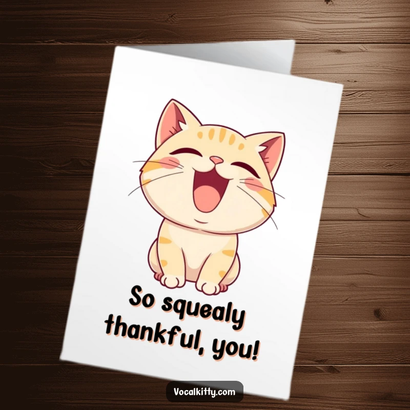 Free Printable Thank You Card: A cat with mouth agape, letting out a joyful squeal, a charming downloadable for thanks.