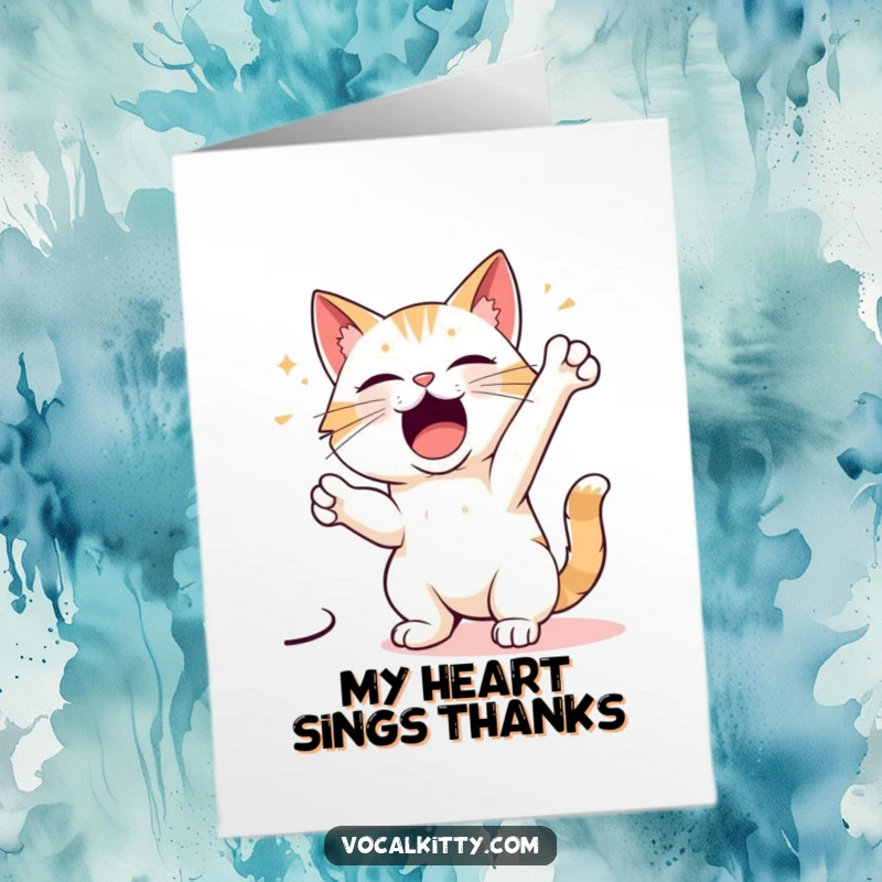 Free Printable Thank You Card: A cat character in a dramatic singing pose, delivering a powerful vocal performance, downloadable art.