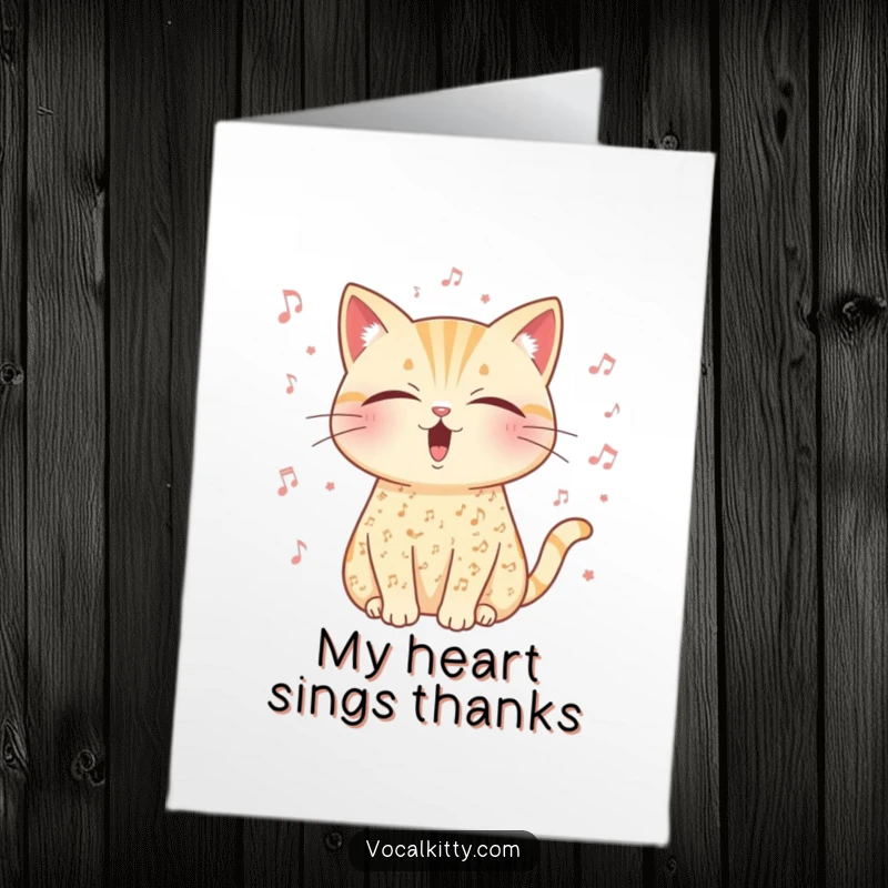Funny Free Printable Thank You Card: A cat adorned with musical notes, eyes closed in song, conveying a heartfelt and humorous thank you.