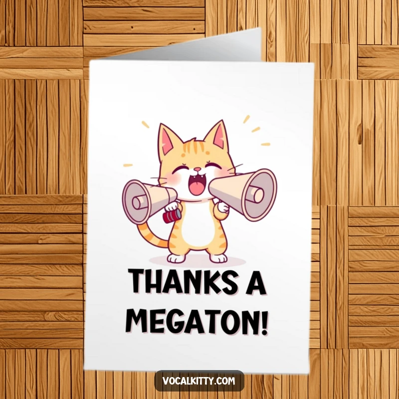 Funny Free Printable Thank You Card: Cat Yelling into Megaphone, Expressing Sincere Gratitude Loudly