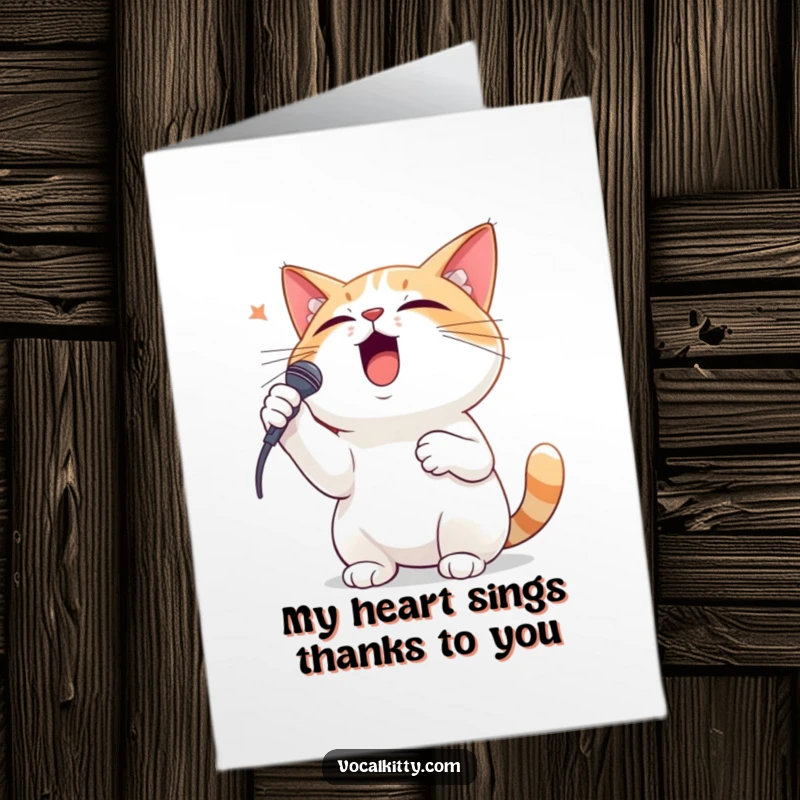 Funny Free Printable Thank You Card: a fluffy cat dramatically singing its heart out with one paw over its chest.