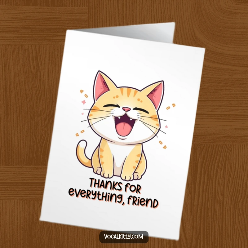 Funny Free Printable Thank You Card: Cat with mouth wide open, emitting cartoon sound waves, saying thanks.
