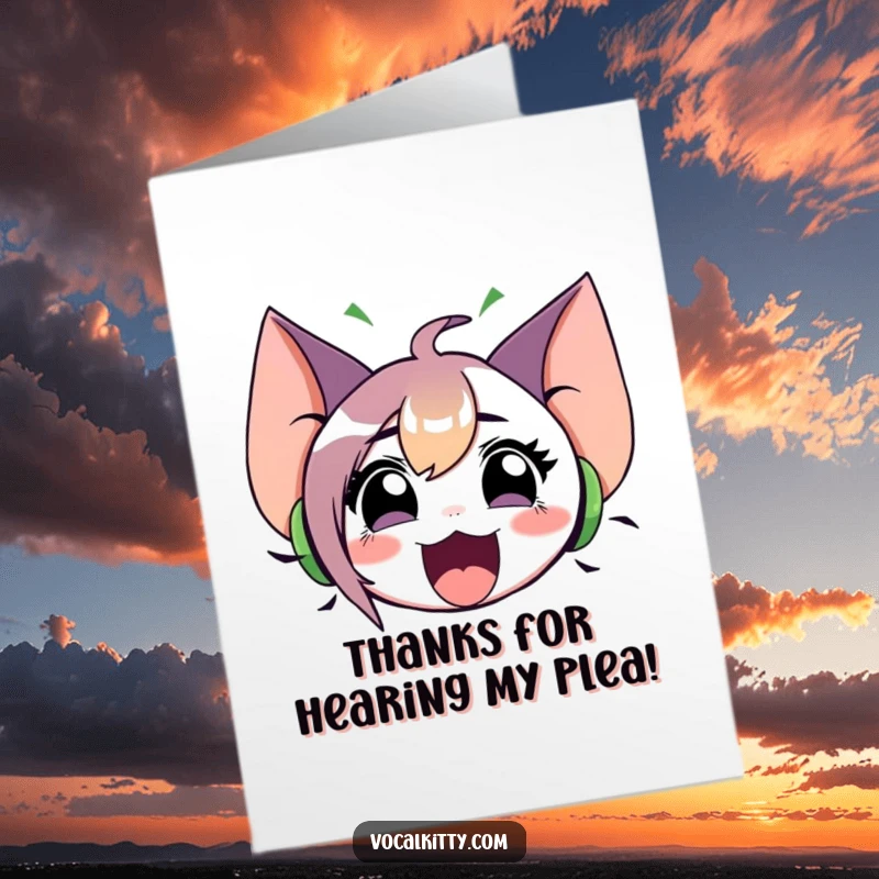 Funny Free Printable Thank You Card: Character with large ears emitting sound waves, mouth open wide in thanks. Downloadable gift.