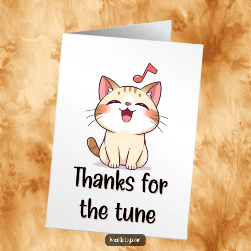 Funny Free Printable Thank You Card: A joyful cat looking overjoyed with a musical note, expressing thanks with a happy, singing heart.