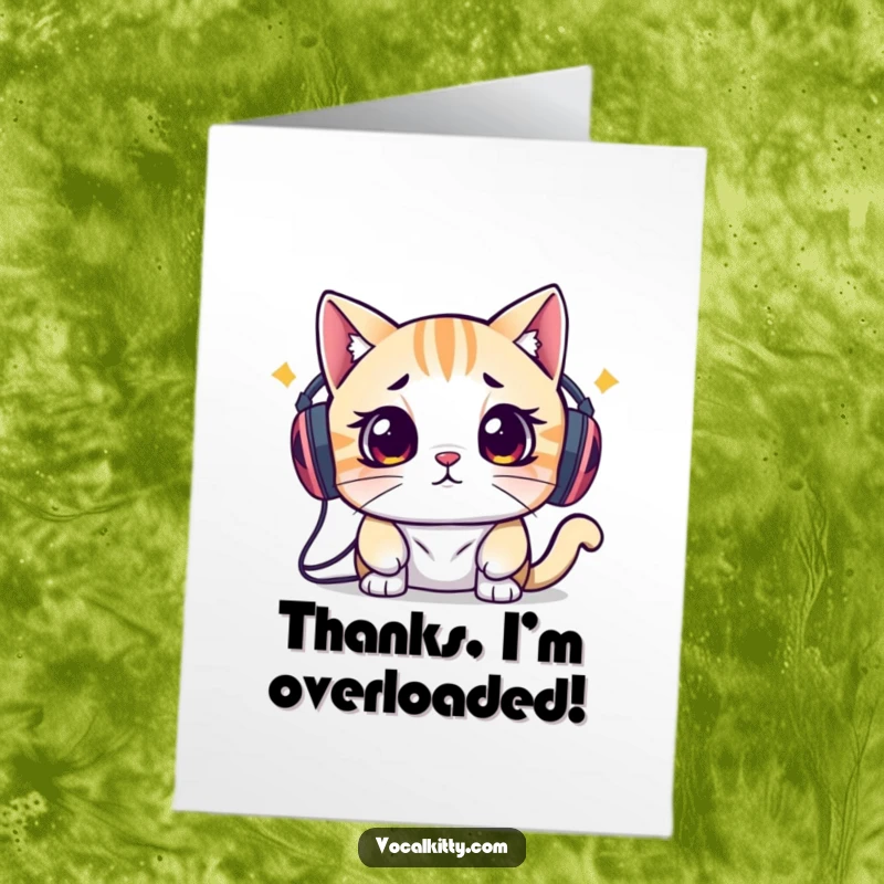 Funny Free Printable Thank You Card: Cat struggles under the weight of speakers on its head, expressing thanks humorously.