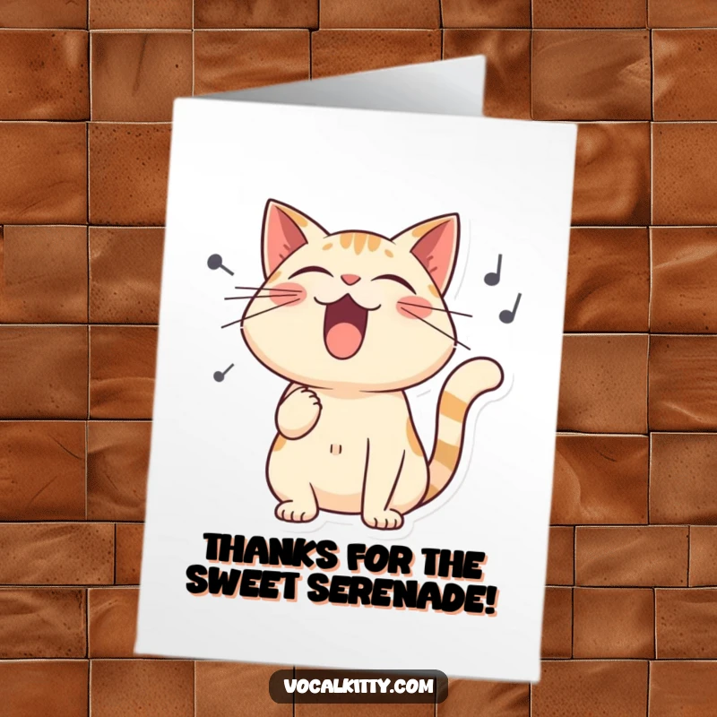 Funny Free Printable Thank You Card: Stylized cat singing a grateful song with exaggerated sound waves, showing appreciation.