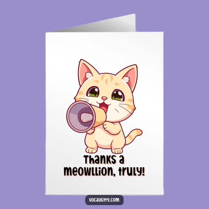 Free Printable Thank You Card: Tiny Excited Cat Megaphone for Grateful Greetings