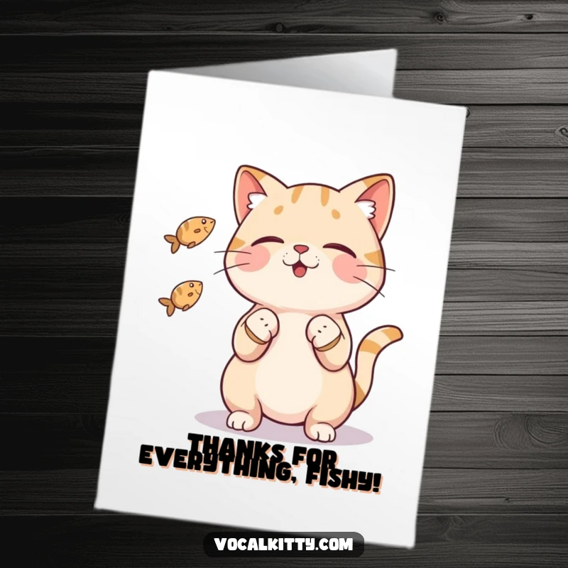 Funny Free Printable Thank You Card featuring a cat artistically juggling three little fish, expressing playful gratitude.
