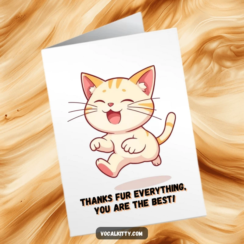Funny Free Printable Thank You Card showcasing a dynamic cat leaping, its exaggerated whiskers emphasizing gratitude with humor.