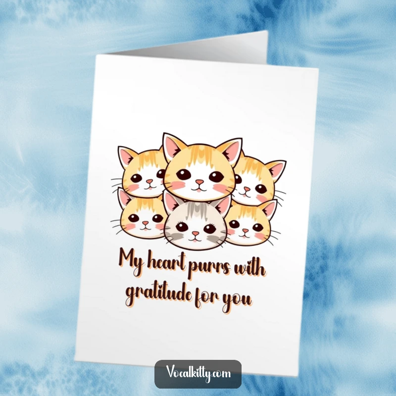 Funny Free Printable Thank You Card with several small cat heads, their outward-radiating whiskers creating a festive and thankful expression.
