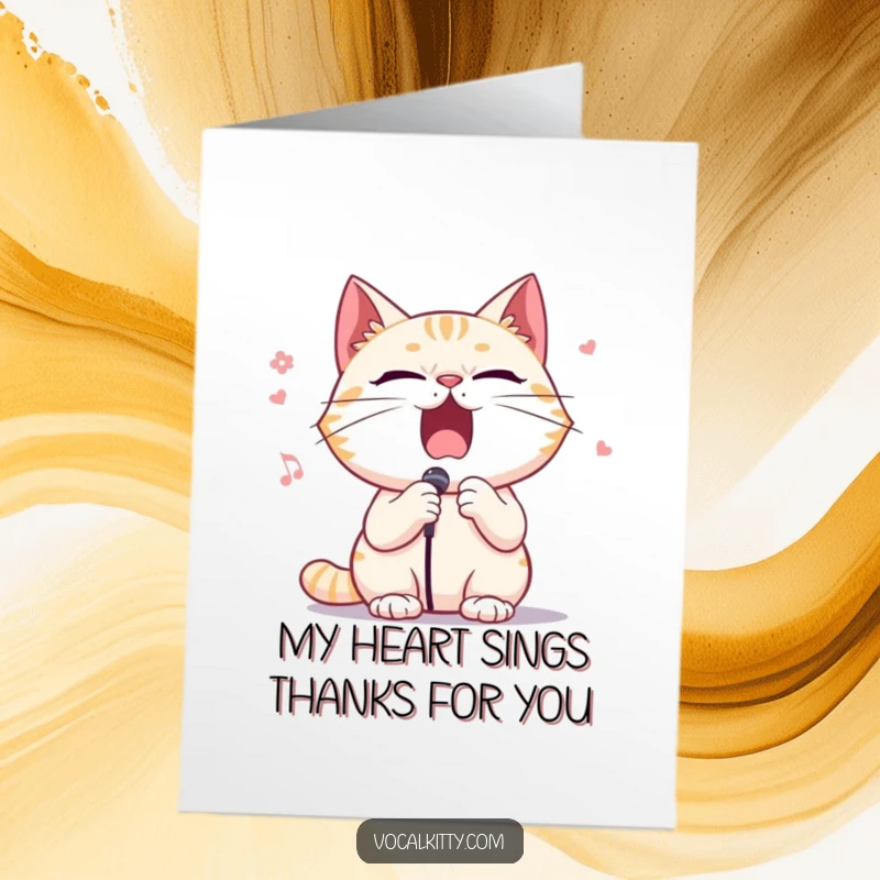 Funny Free Printable Thank You Card featuring a cat character singing opera with exaggerated dramatic flair and a very expressive face.