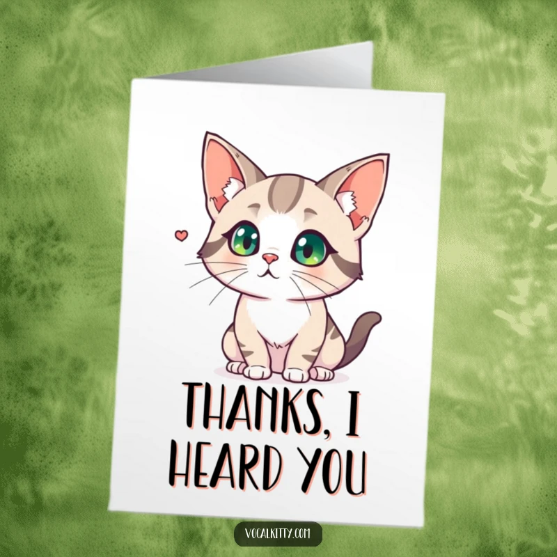 Funny Free Printable Thank You Card: Cat with comically large ears, concentrating on a noise. A dedicated downloadable gift.