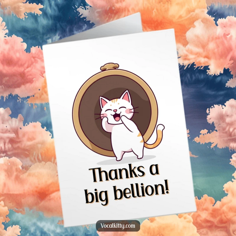 Funny free printable thank you card with a cat enthusiastically ringing a huge bell, symbolizing a loud and excited expression of thanks.