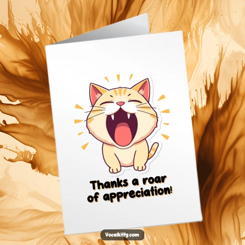 Funny Free Printable Thank You Card: A cat with its mouth wide open, unleashing a thunderous, comical roar.