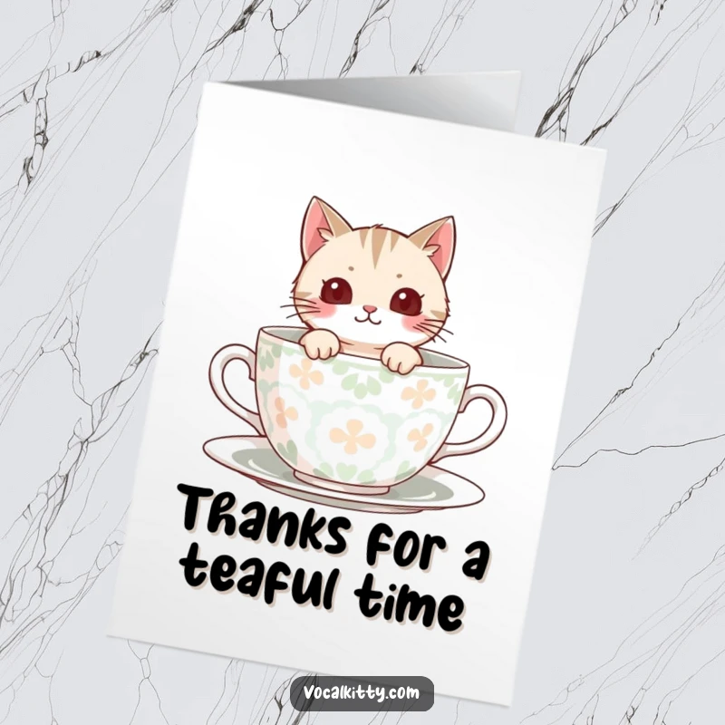 Funny Free Printable Thank You Card: A cute cat peeks out from an oversized teacup filled with a cozy pattern.