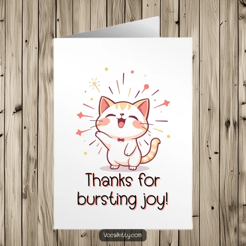 Funny Free Printable Thank You Card: Cat Bursting with Joy Like a Firework, Showing Vibrant Gratitude