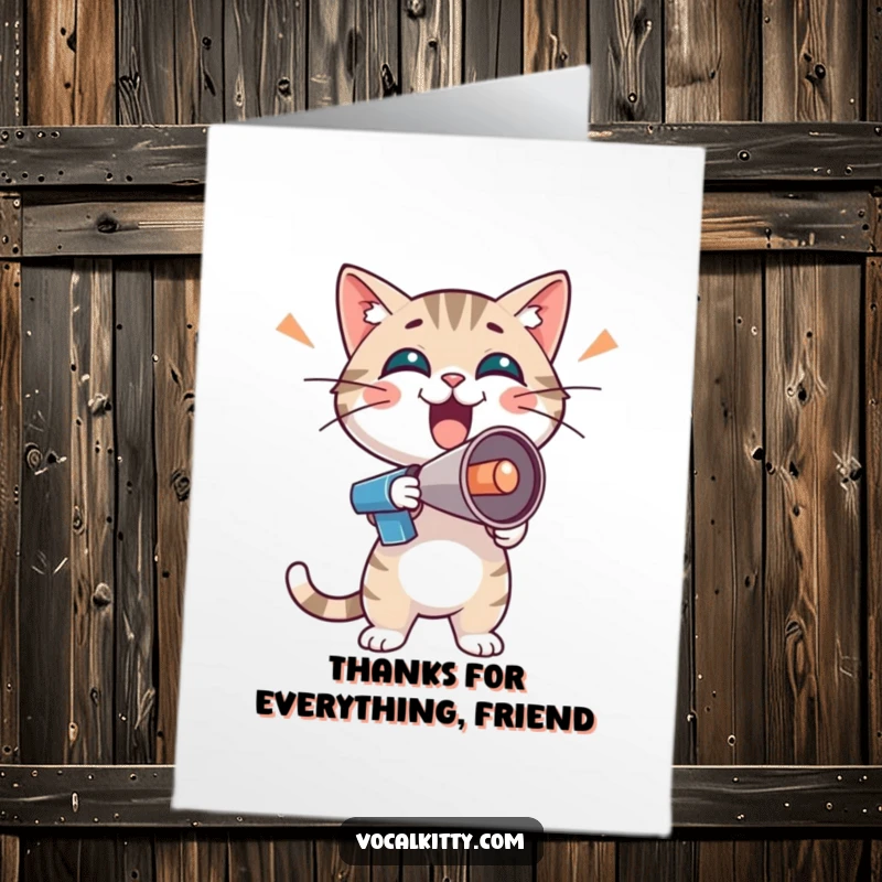 Funny Free Printable Thank You Card: Cat character with a small megaphone, enthusiastically conveying thanks with gusto.