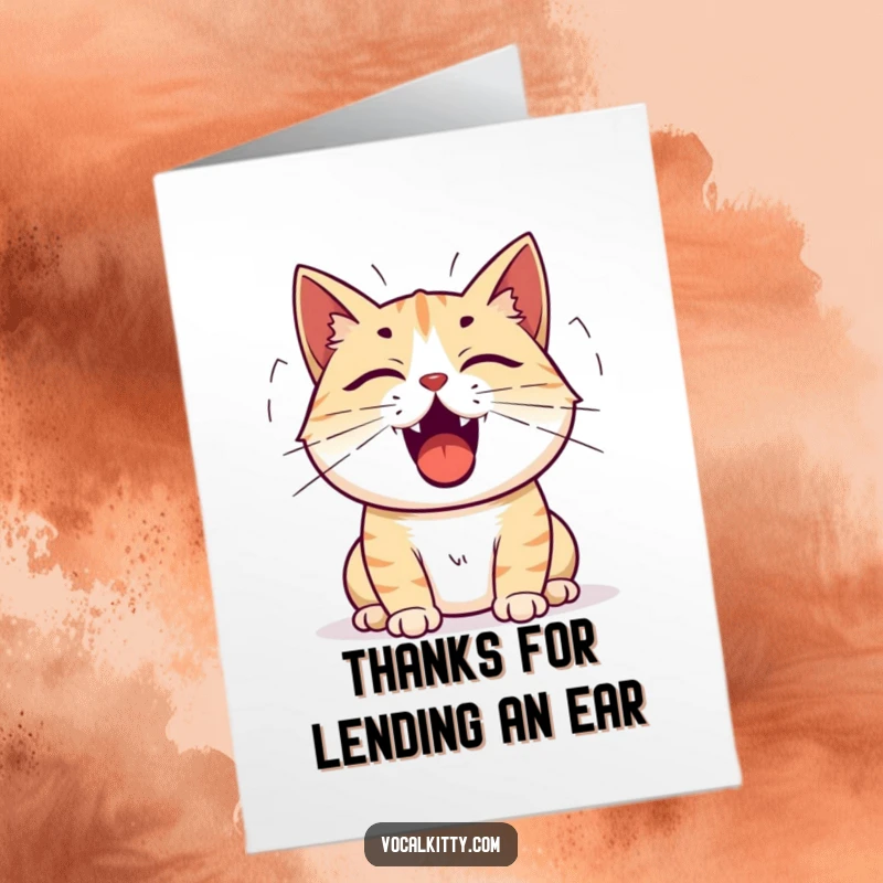 Funny Free Printable Thank You Card: Cat with an open mouth, projecting sound waves of gratitude.
