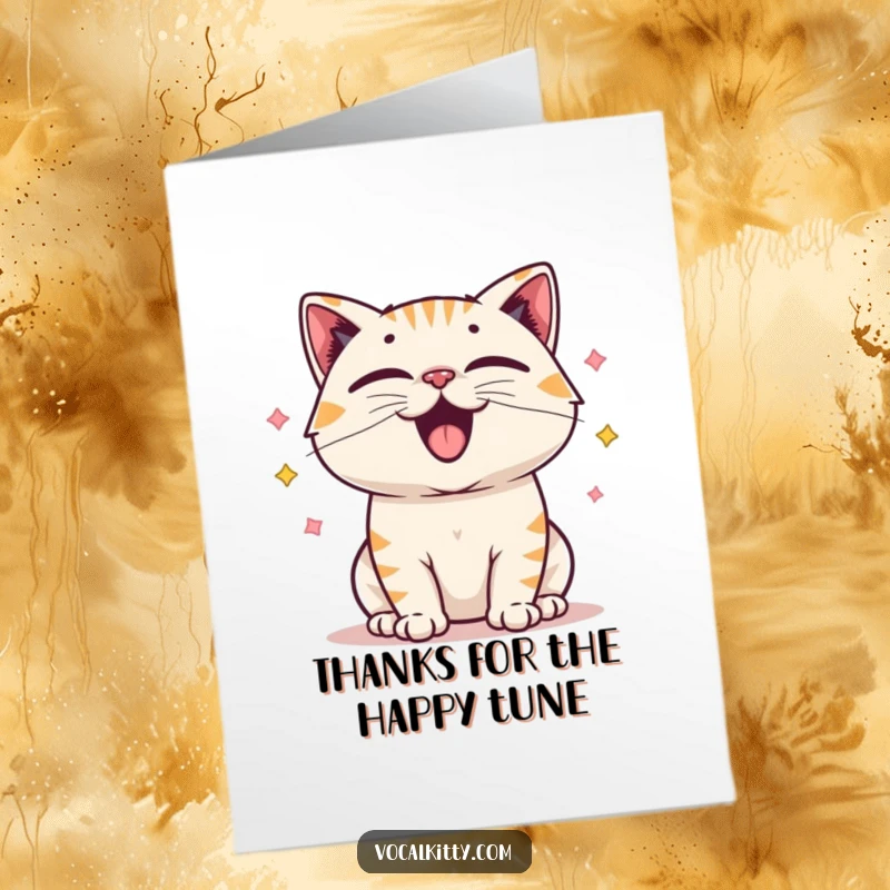 Free Printable Thank You Card: A cat with vibratng vocal cords, emitting a happy sound, a charming downloadable for thanks.