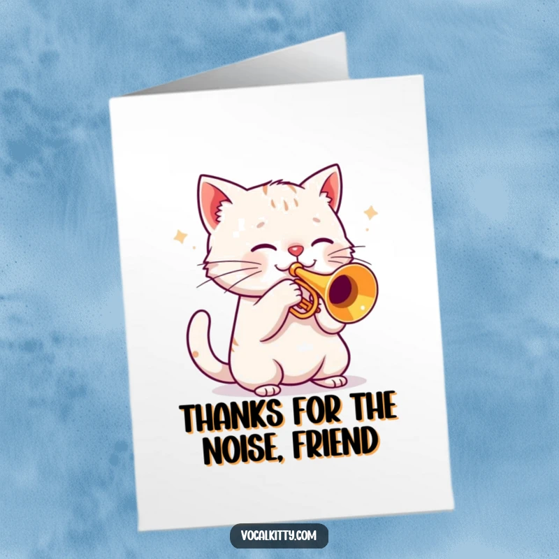 Funny Free Printable thank you card with a cat enthusiastically playing a trumpet, sending loud musical thanks with a huge, happy expression.