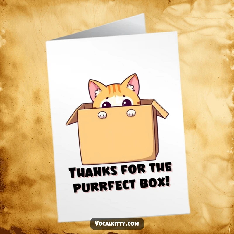 Funny Free Printable Thank You Card showing a curious cat hiding playfully inside a large cardboard box, sending thanks.