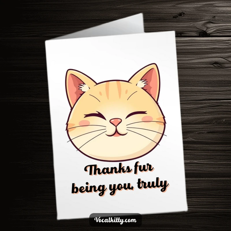 Funny Free Printable Thank You Card with a cat's face, its whiskers creating a charming wink, conveying thanks in a humorous way.
