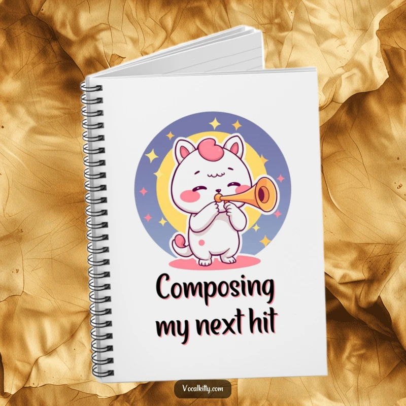 Funny notebook cover showing a character transforming its voice box into a trumpet, ready to jot down inspiring sounds.