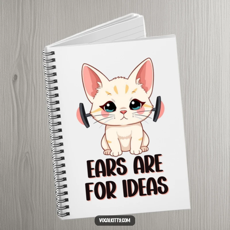 Funny notebook with a cat having comically large ears, illustrated straining to hear, perfect for note-taking.