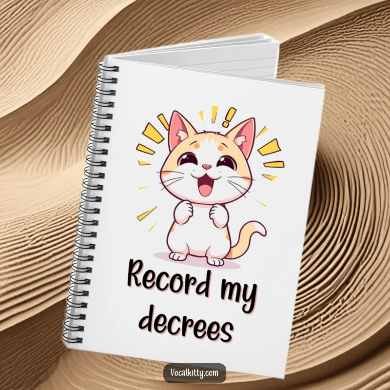 Funny cat notebook cover art featuring a cat with its mouth wide open, yelling with large, fun sound effect words like 'ALERT!' and 'BIG NEWS!'.