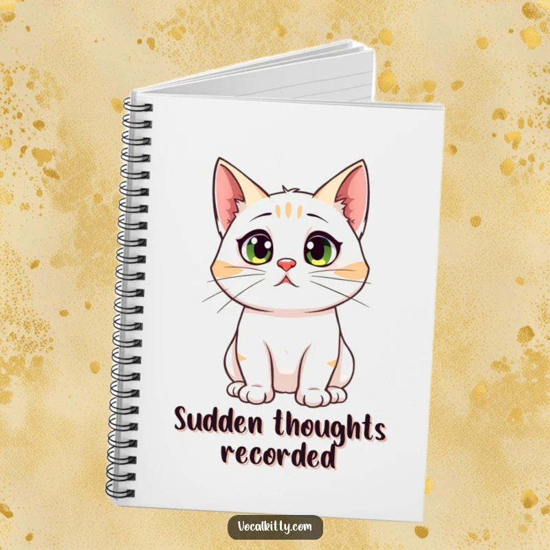 Funny notebook cover with a cat having comically large ears, looking startled, perfect for jotting down thoughts with a humorous touch.
