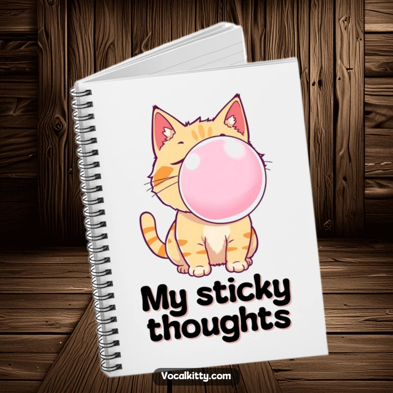 Funny cat notebook cover featuring a cat blowing an impressively large, shimmering bubble gum bubble, ideal for creative writing or notes.